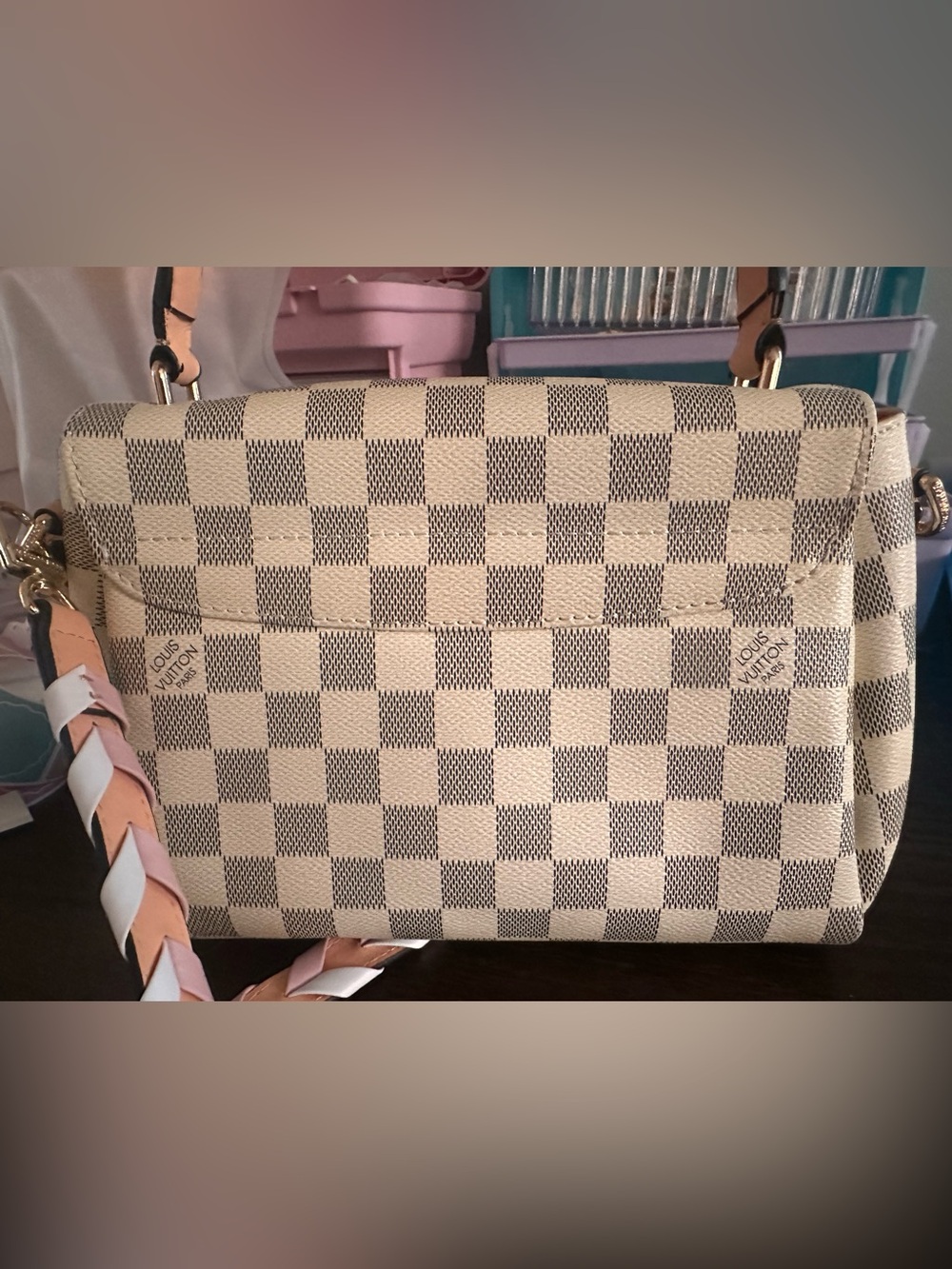 Source Unknown Cream and Tan Checked Satchel with Gold Hardware - Picture 5 of 13